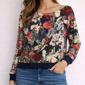 Alice + Olivia Navy Floral Boatneck SILK Top  Red & Cream Blooms XS EUC